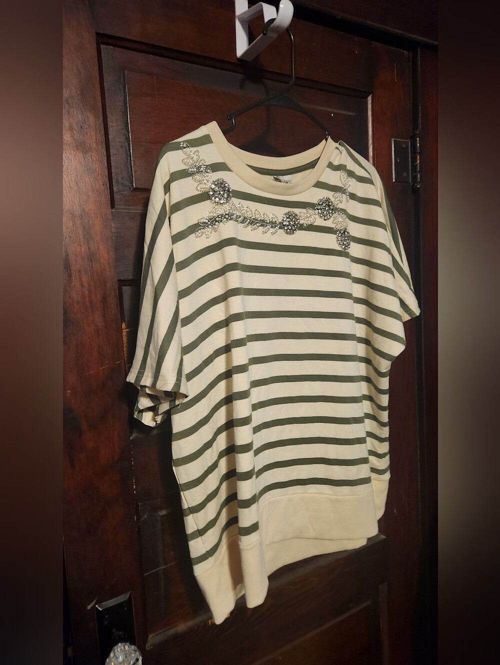 Cato Cream & Olive Striped Embellished Short Sleeve Sweater